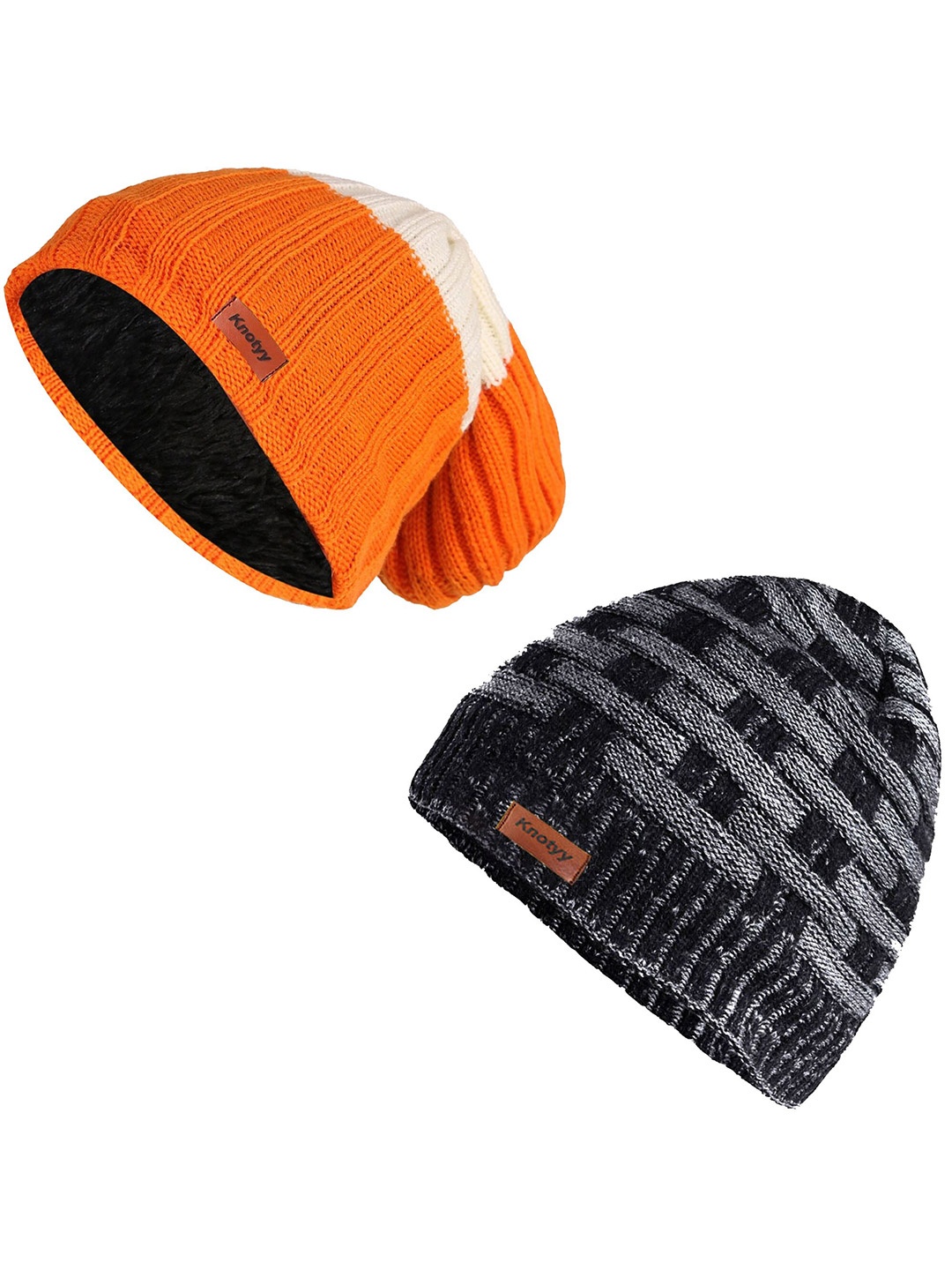 

Knotyy Unisex White & Orange Set Of 2 Self Design Beanie