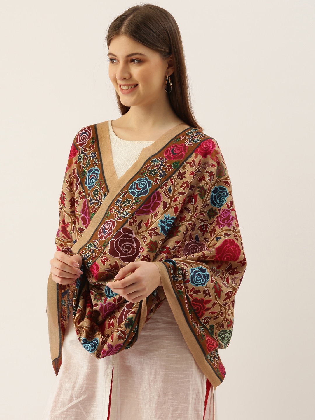 

Pashmoda Women Beige & Red Embroidered Stole