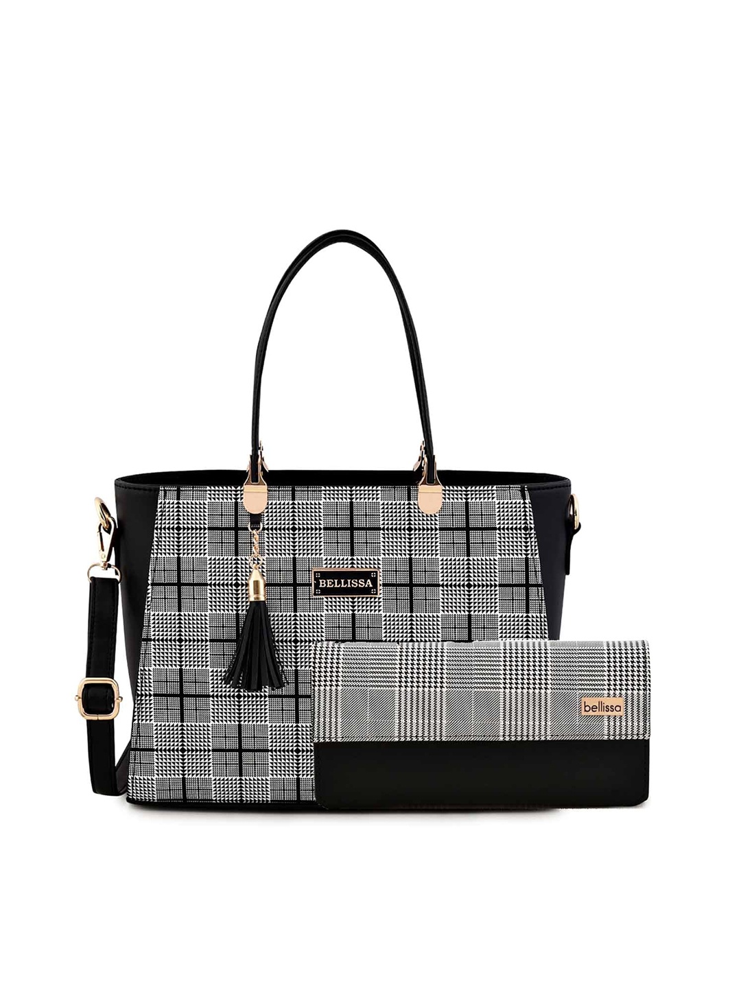 

Bellissa Black Checked PU Shopper Handheld Bag with Tasselled