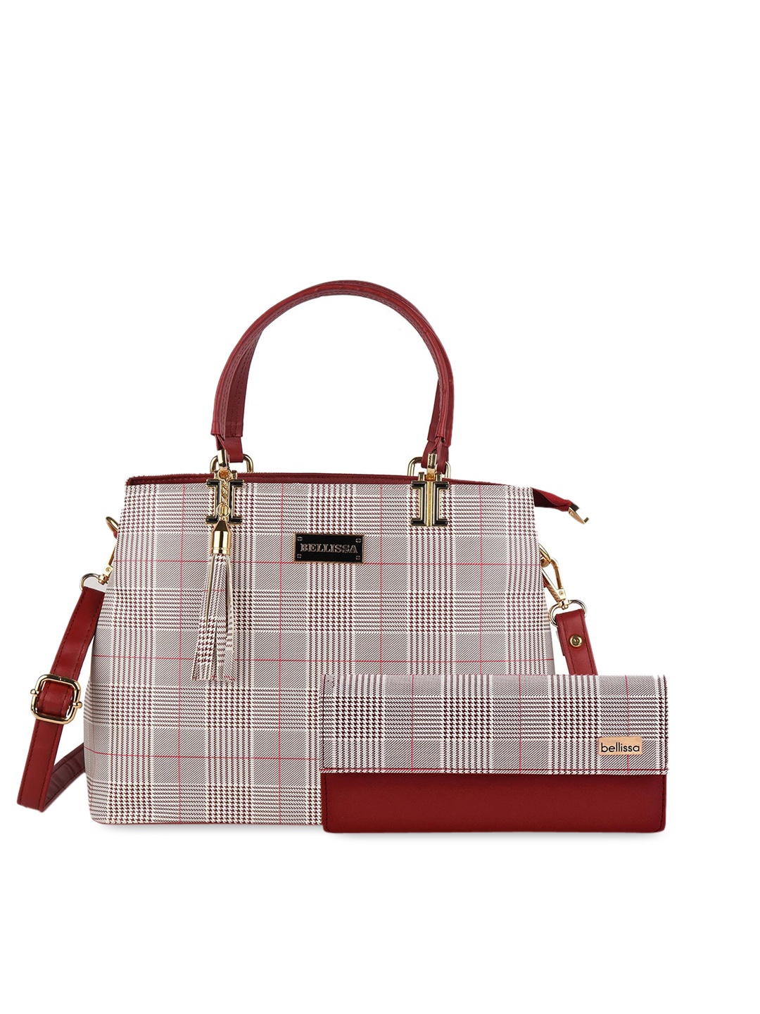 

Bellissa Set Of 2 Maroon Checked PU Structured Handheld Bag