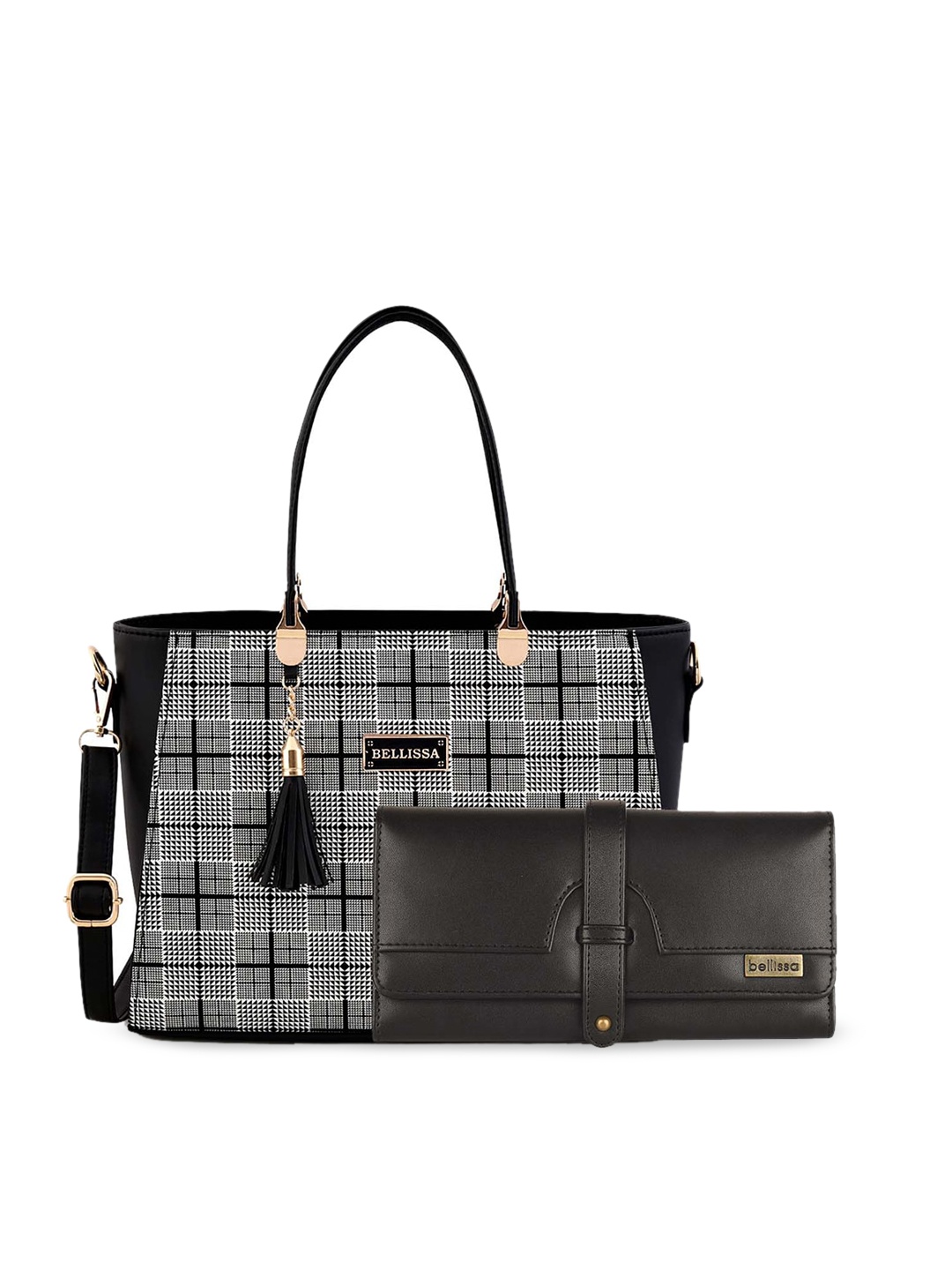 

Bellissa Black Checked PU Structured Shoulder Bag with Tasselled