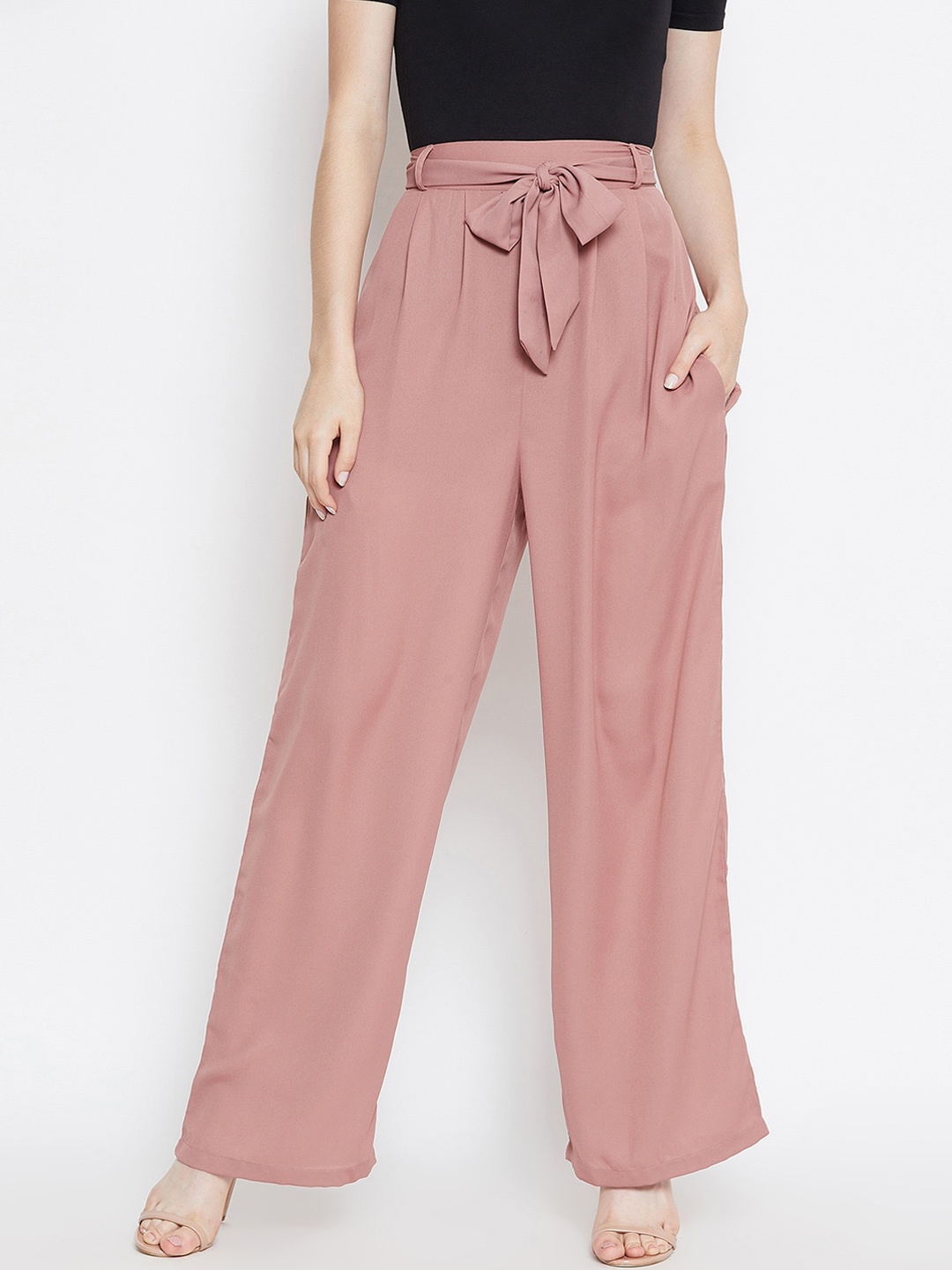 

THE SILHOUETTE STORE Women Pink Straight Fit High-Rise Pleated Trousers