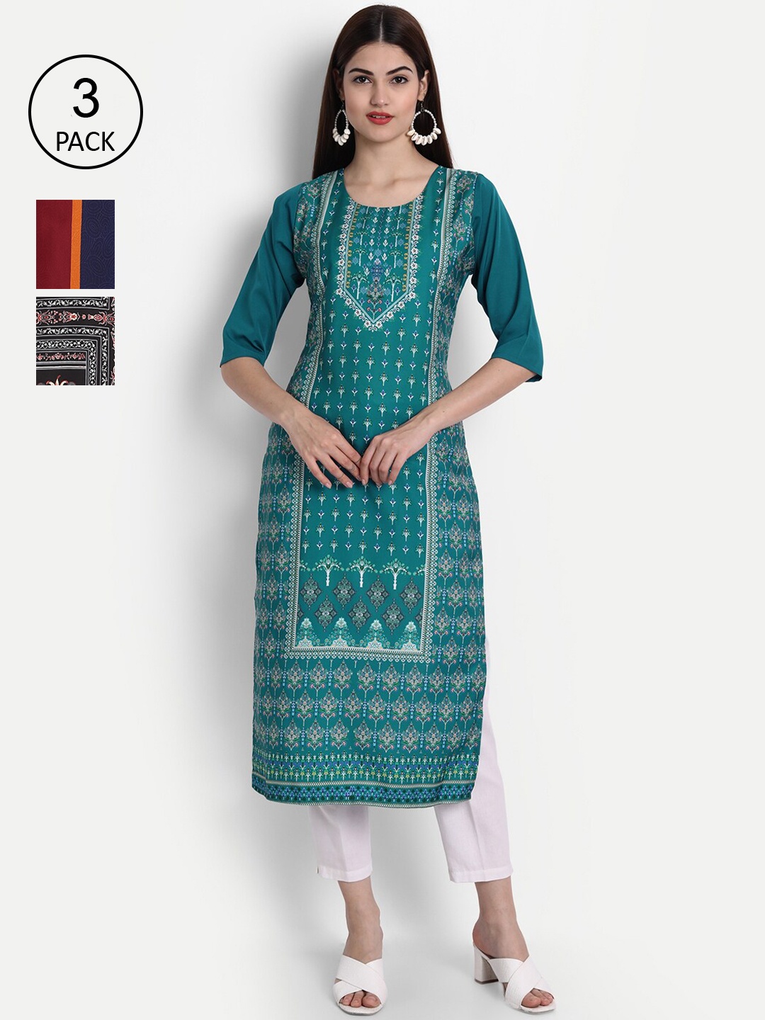 

7Threads Women Black & Green Ethnic Motifs Printed Set of 3 Crepe Kurta