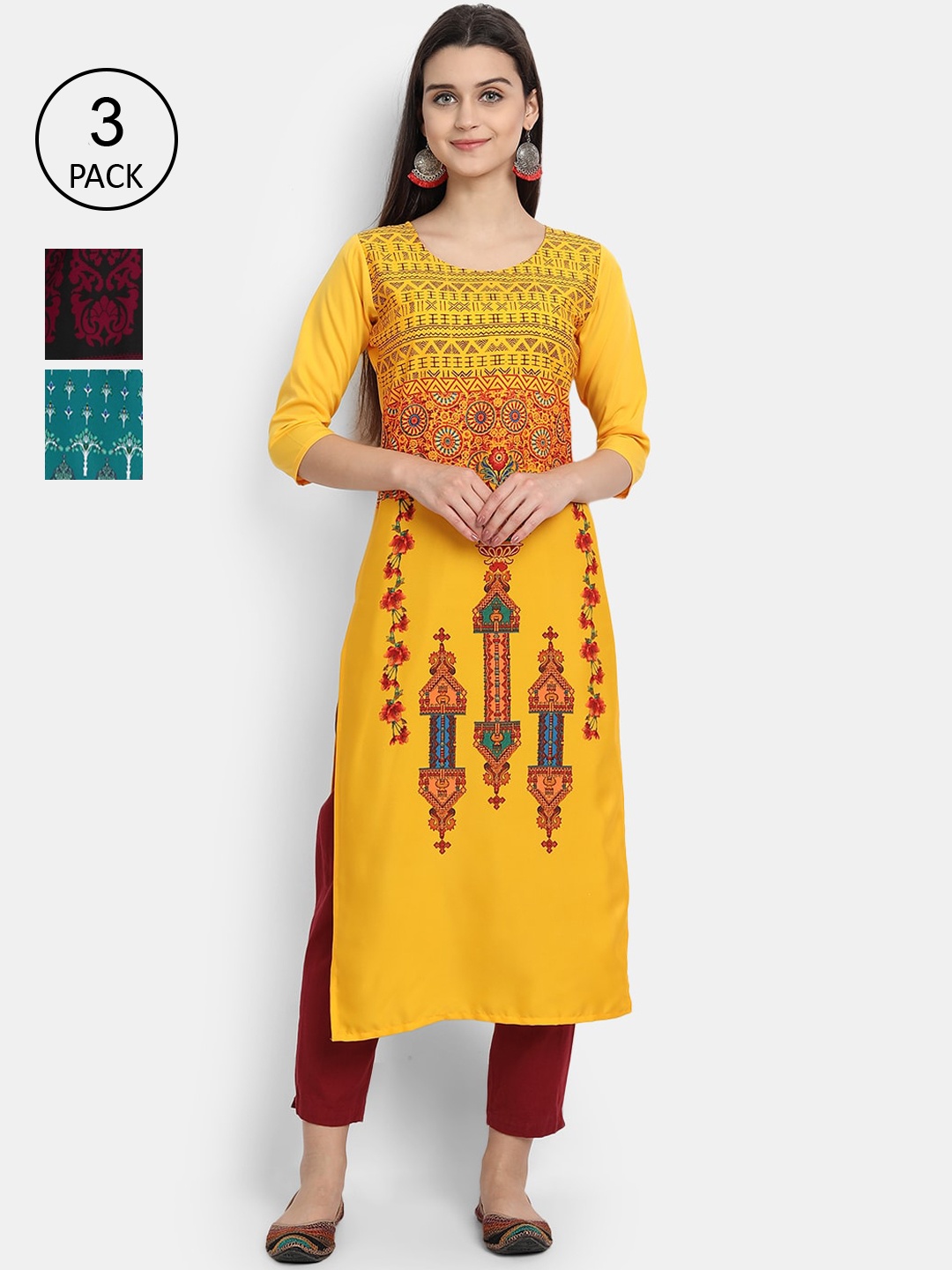 

7Threads Women Yellow, Blue & Red Ethnic Motifs Printed Crepe Kurta