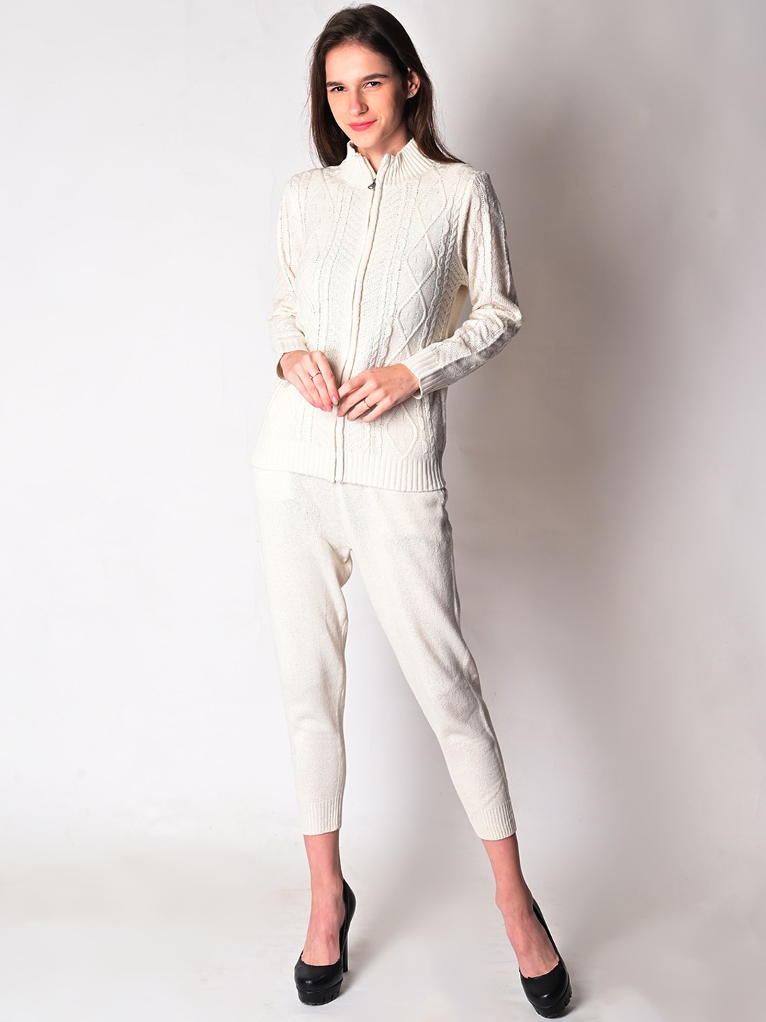 

NoBarr Women White Acrylic Cable Knit Zipper Jacket with Jogger Co-Ords