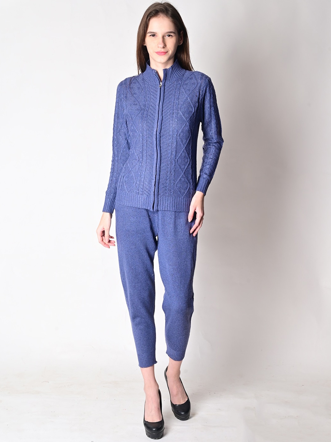 

NoBarr Women Purple Acrylic Cable Knit Zipper Jacket with Jogger Co-Ord Set