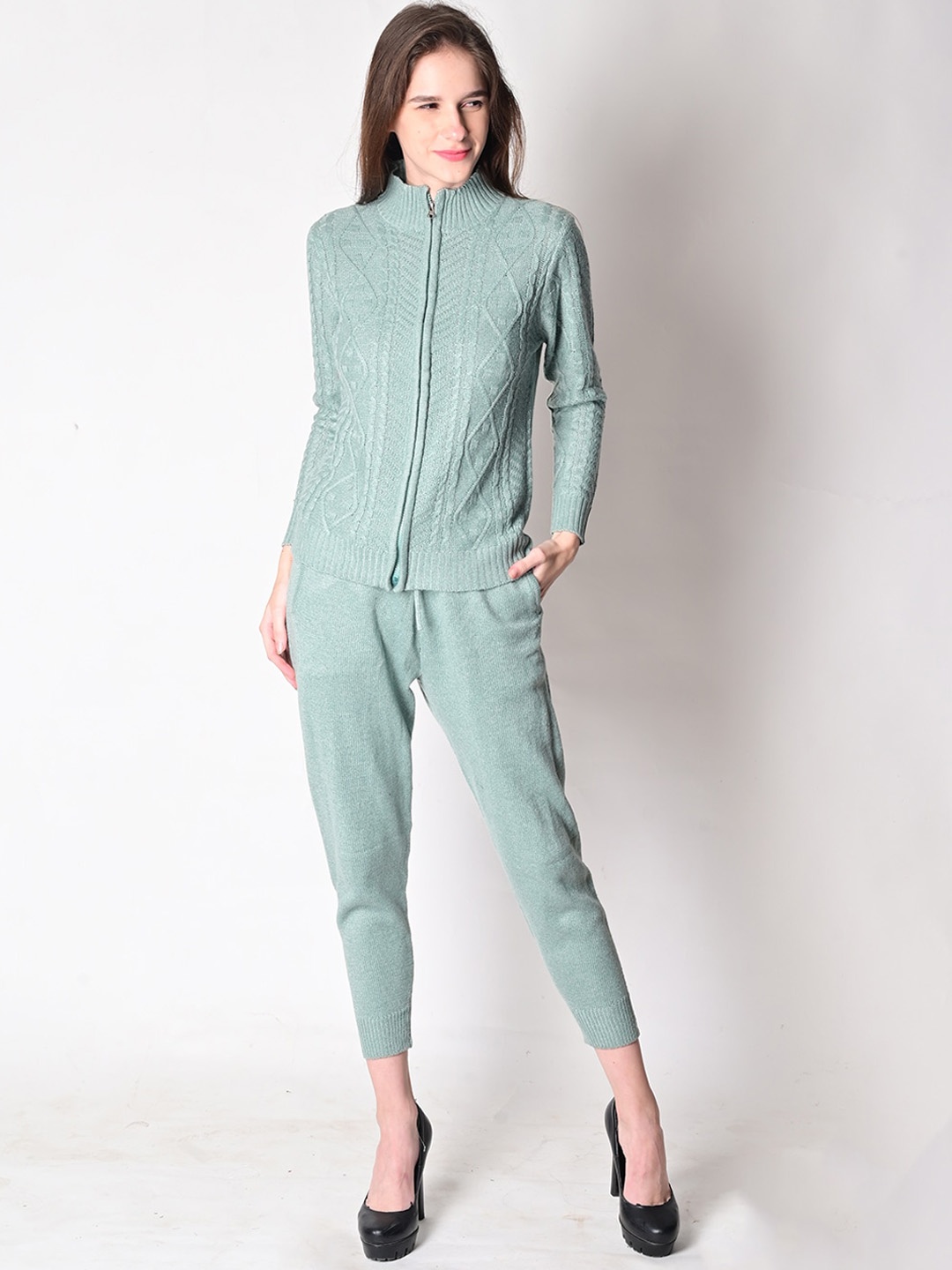 

NoBarr Women Green Acrylic Cable Knit Winter Sweater with Jogger Co-Ord Set