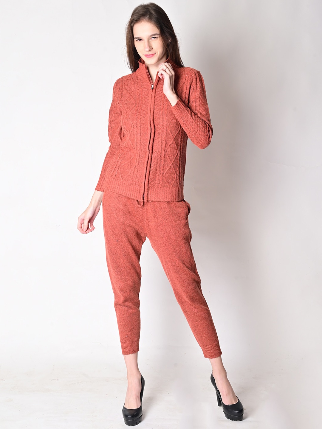 

NoBarr Women Rust Acrylic Cable Knit Zipper Jacket with Jogger Co-Ords