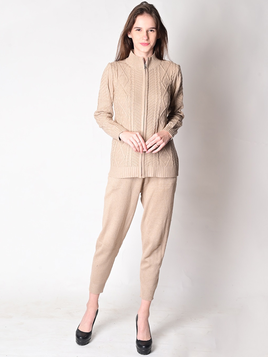 

NoBarr Women Beige Knitted Acrylic Zipper Jacket with Jogger