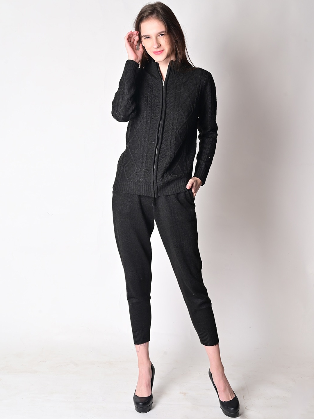 

NoBarr Women Black Acrylic Cable Knit Zipper Jacket with Jogger Co-Ord Set