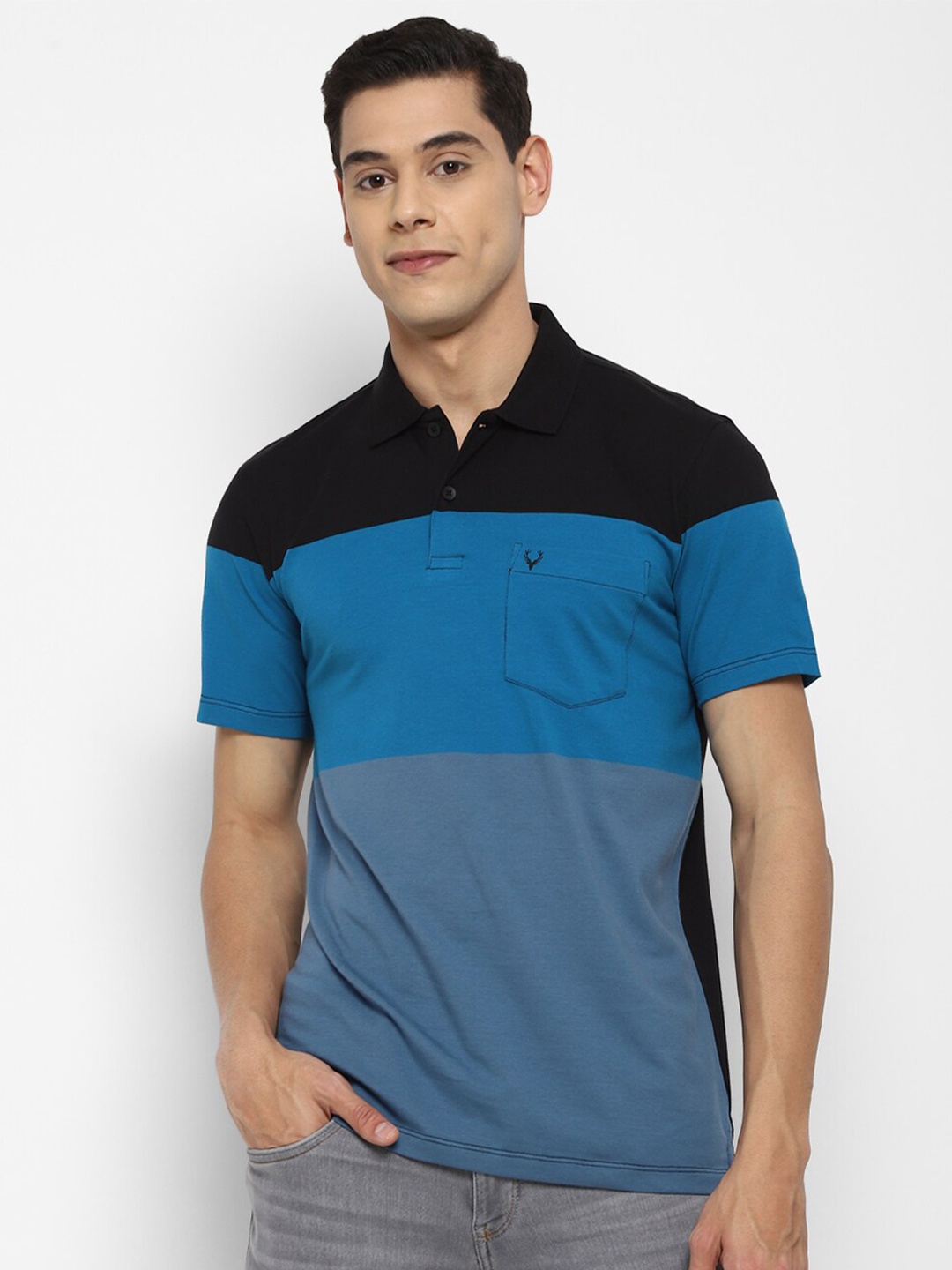

Allen Solly Men Blue & Black Colourblocked Polo Collar Pockets Pure Cotton T-shirt