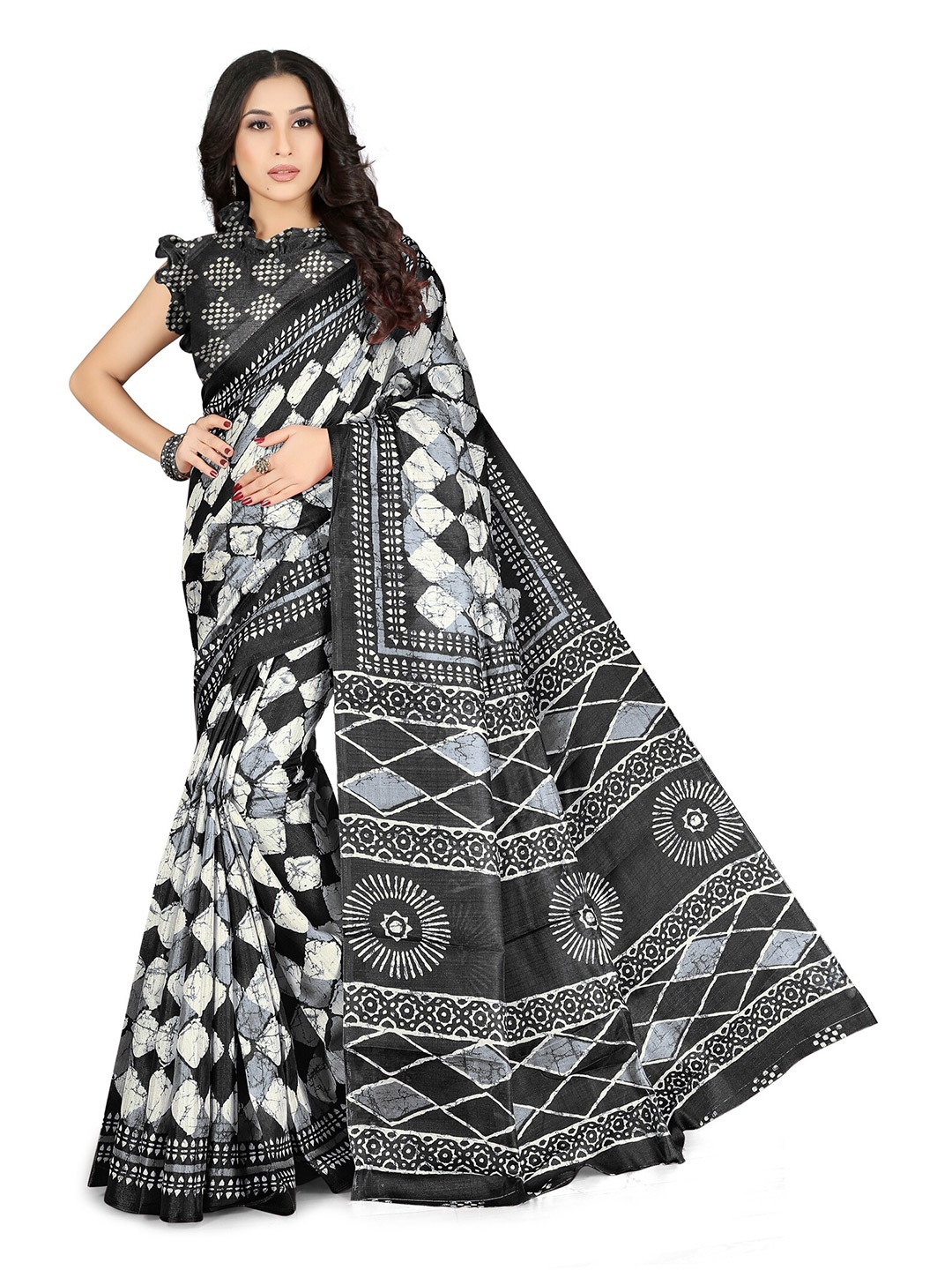 

KALINI Black & White Checked Art Silk Bagh Saree