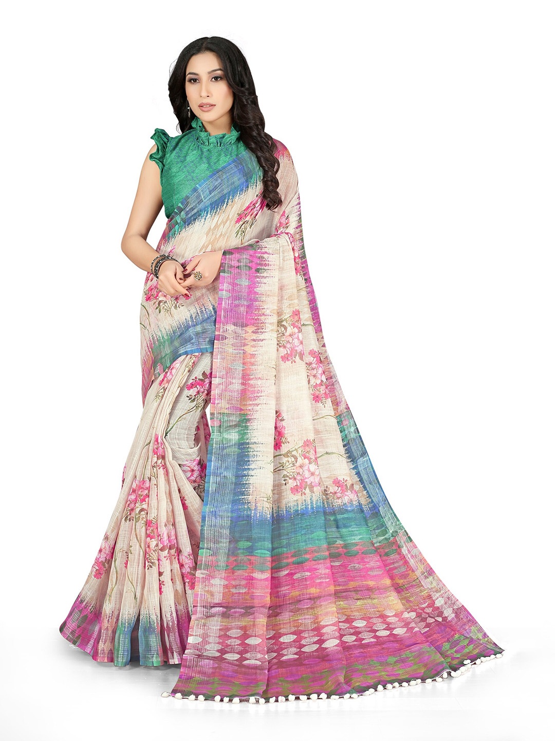

KALINI Beige & Blue Floral Zari Saree