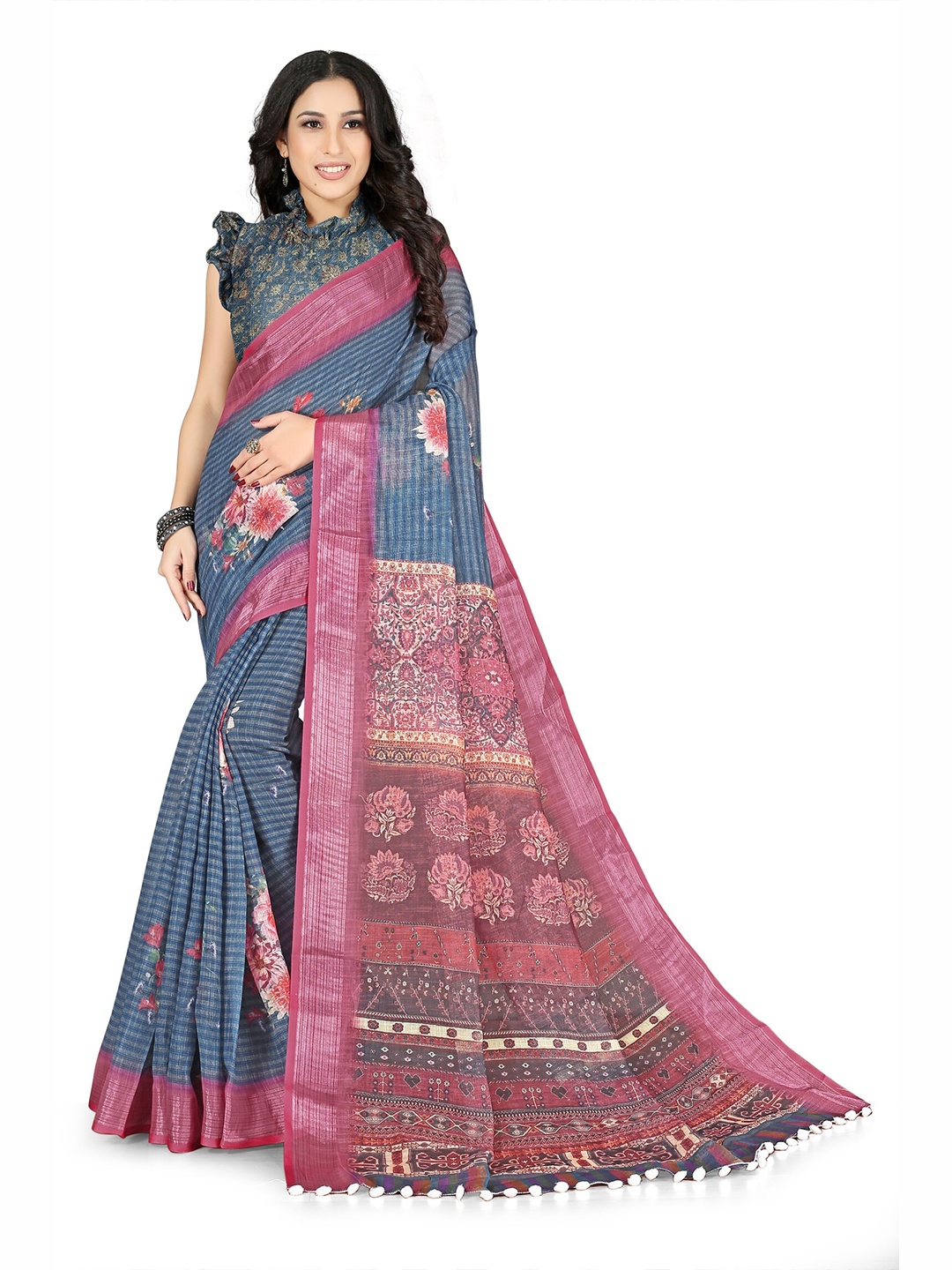 

KALINI Blue & Brown Floral Zari Bagh Saree