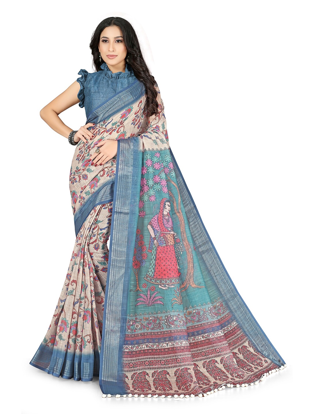 

KALINI Beige & Blue Floral Zari Bagh Saree