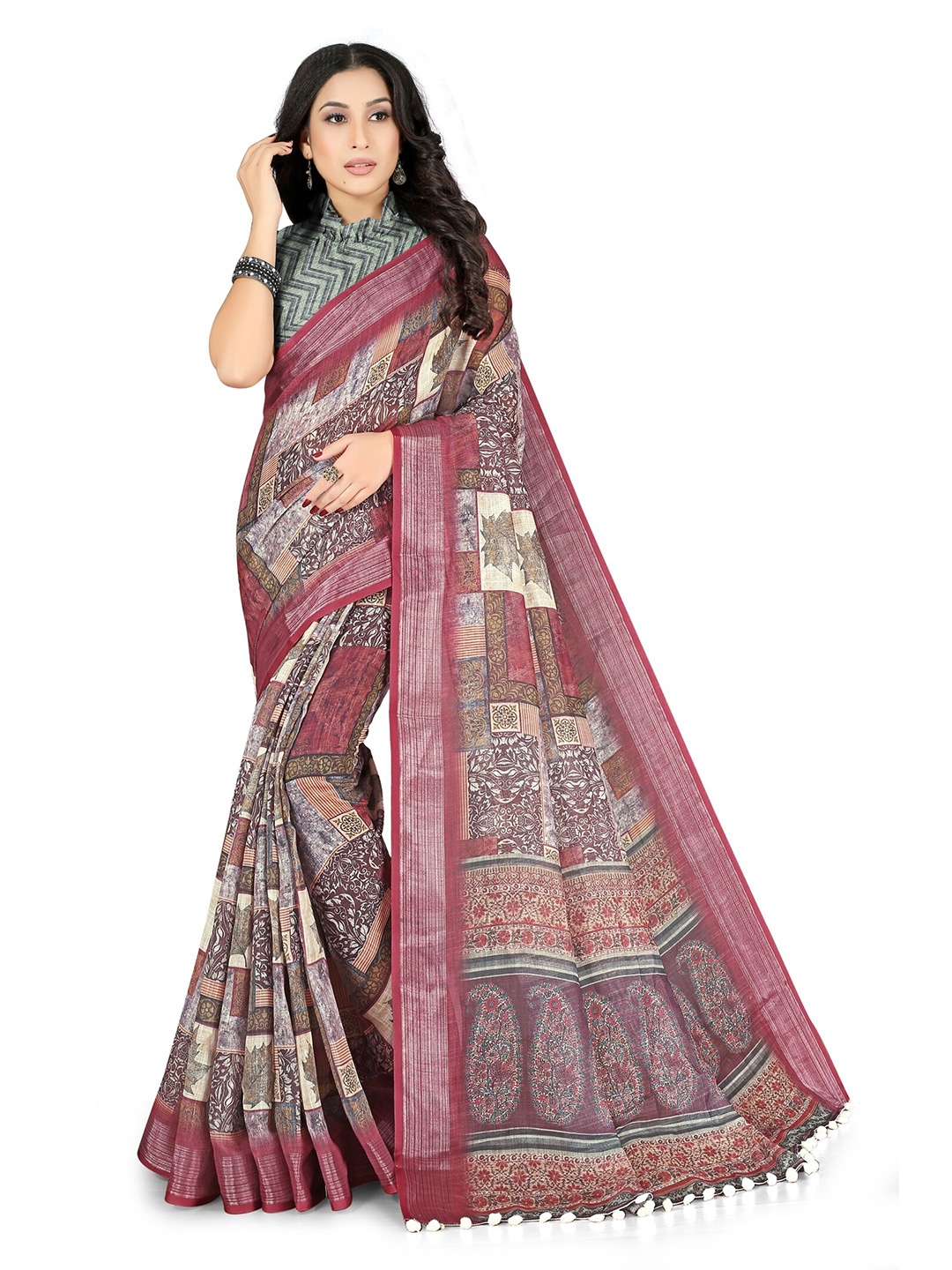 

KALINI Pink & Grey Ethnic Motifs Zari Block Print Saree