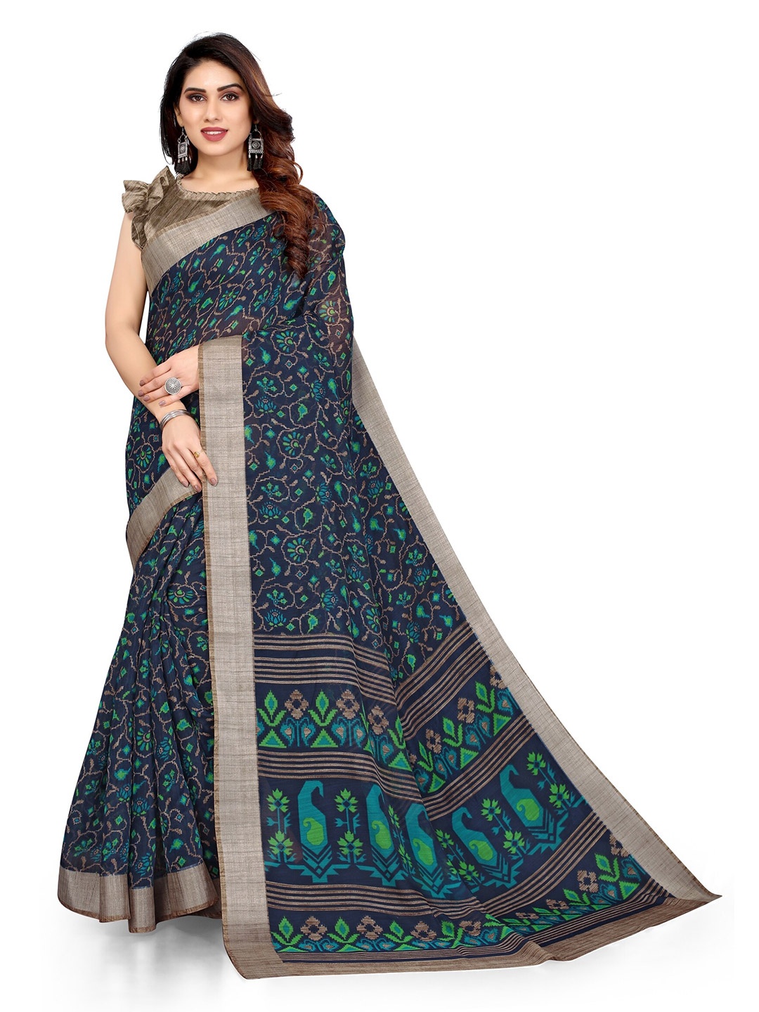 

KALINI Navy Blue & Green Floral Zari Bagh Saree