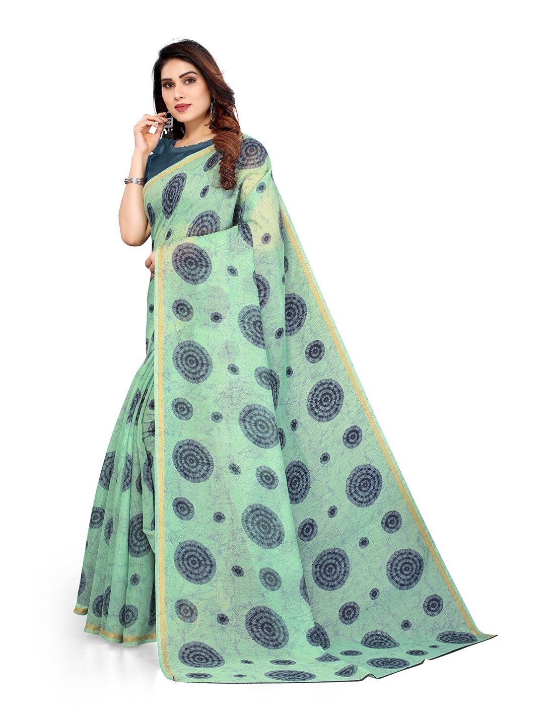 

KALINI Green & Blue Zari Block Print Saree