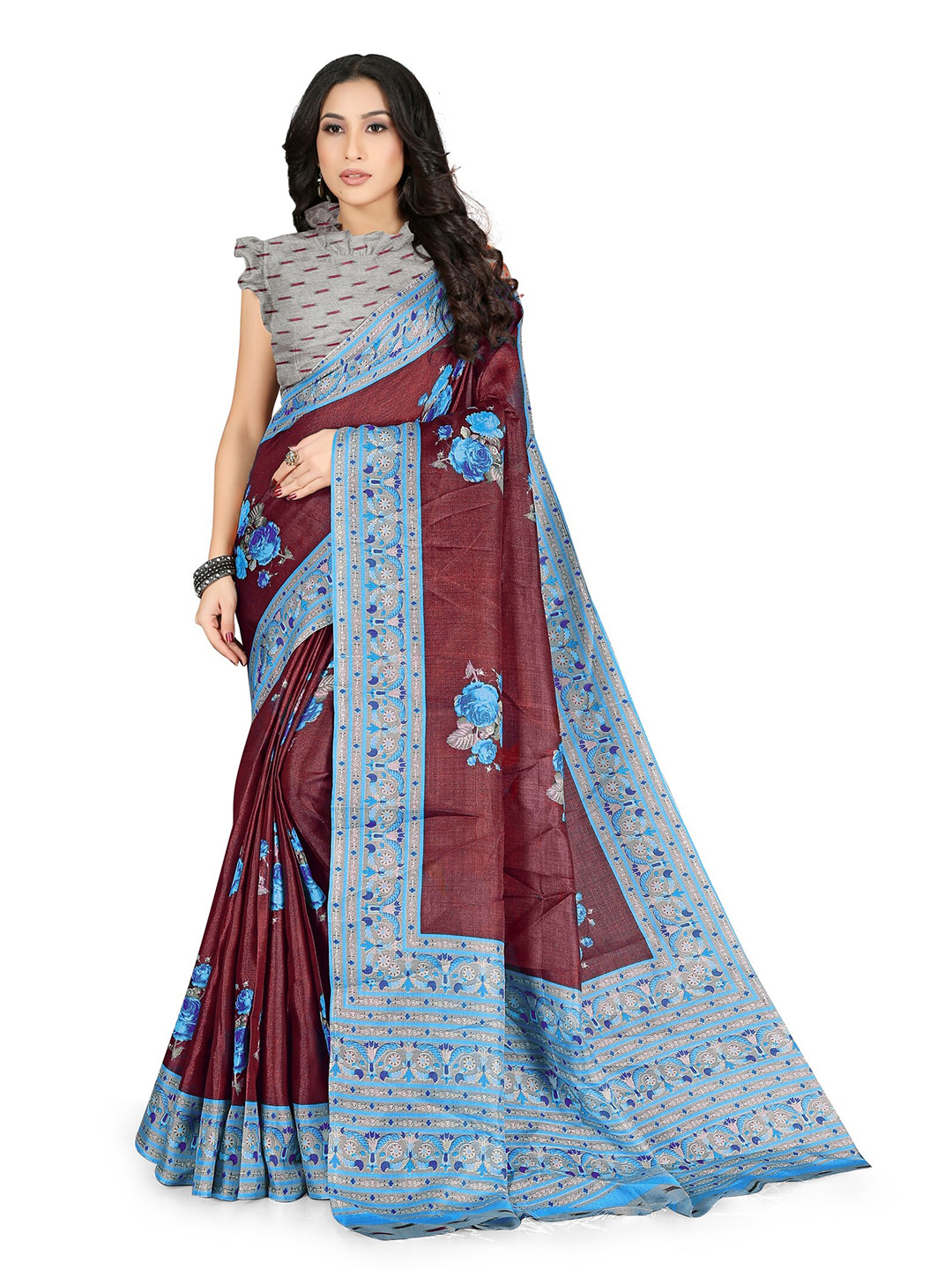 

KALINI Maroon & Grey Floral Printed Saree