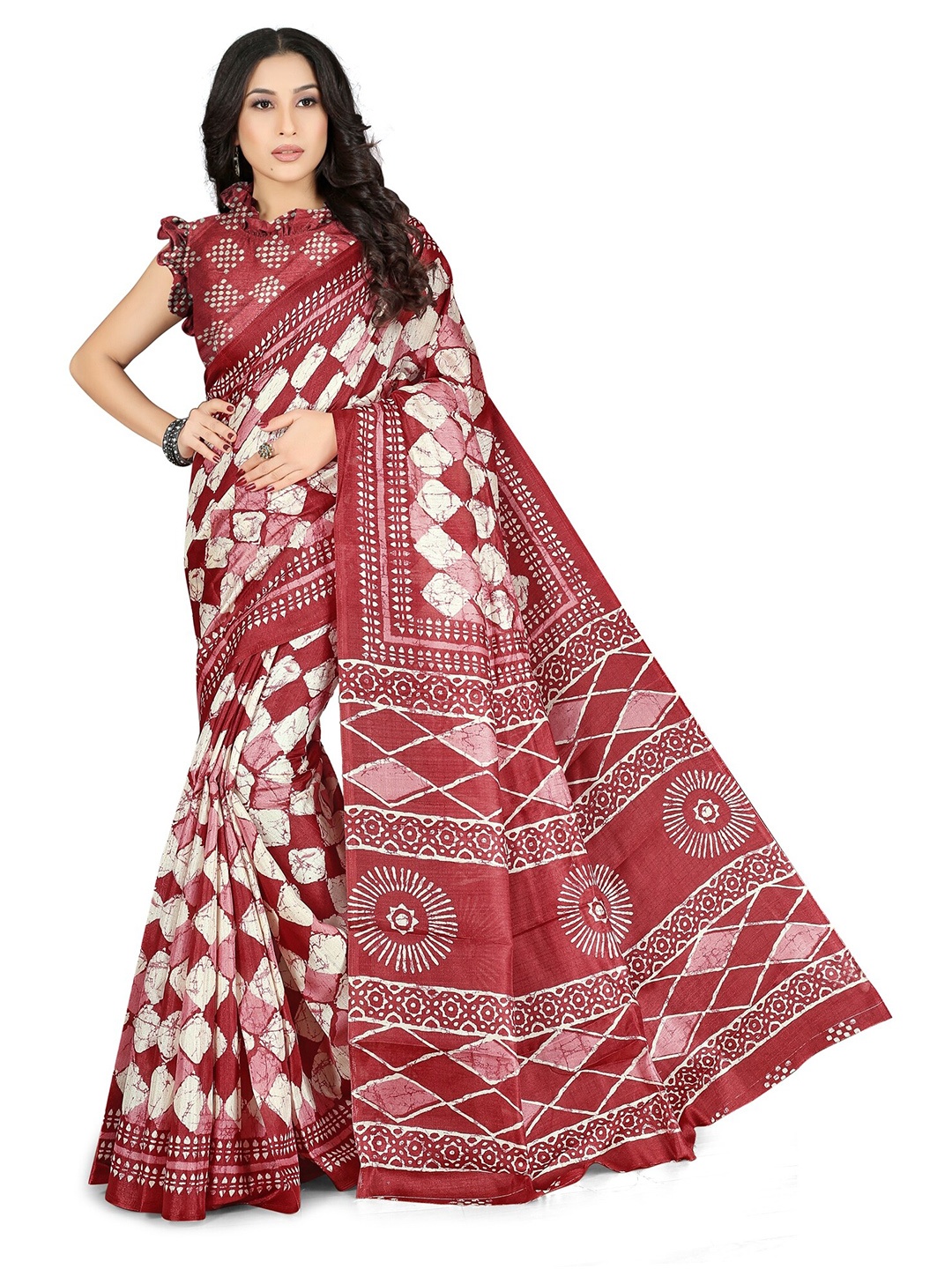 

KALINI Maroon & White Checked Art Silk Bagh Saree