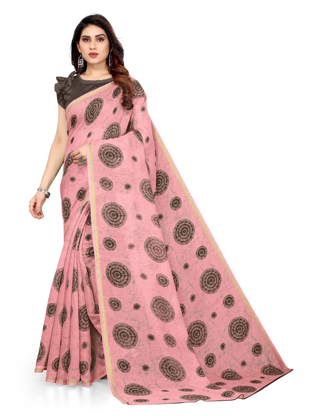 

KALINI Pink & Brown Zari Block Print Saree