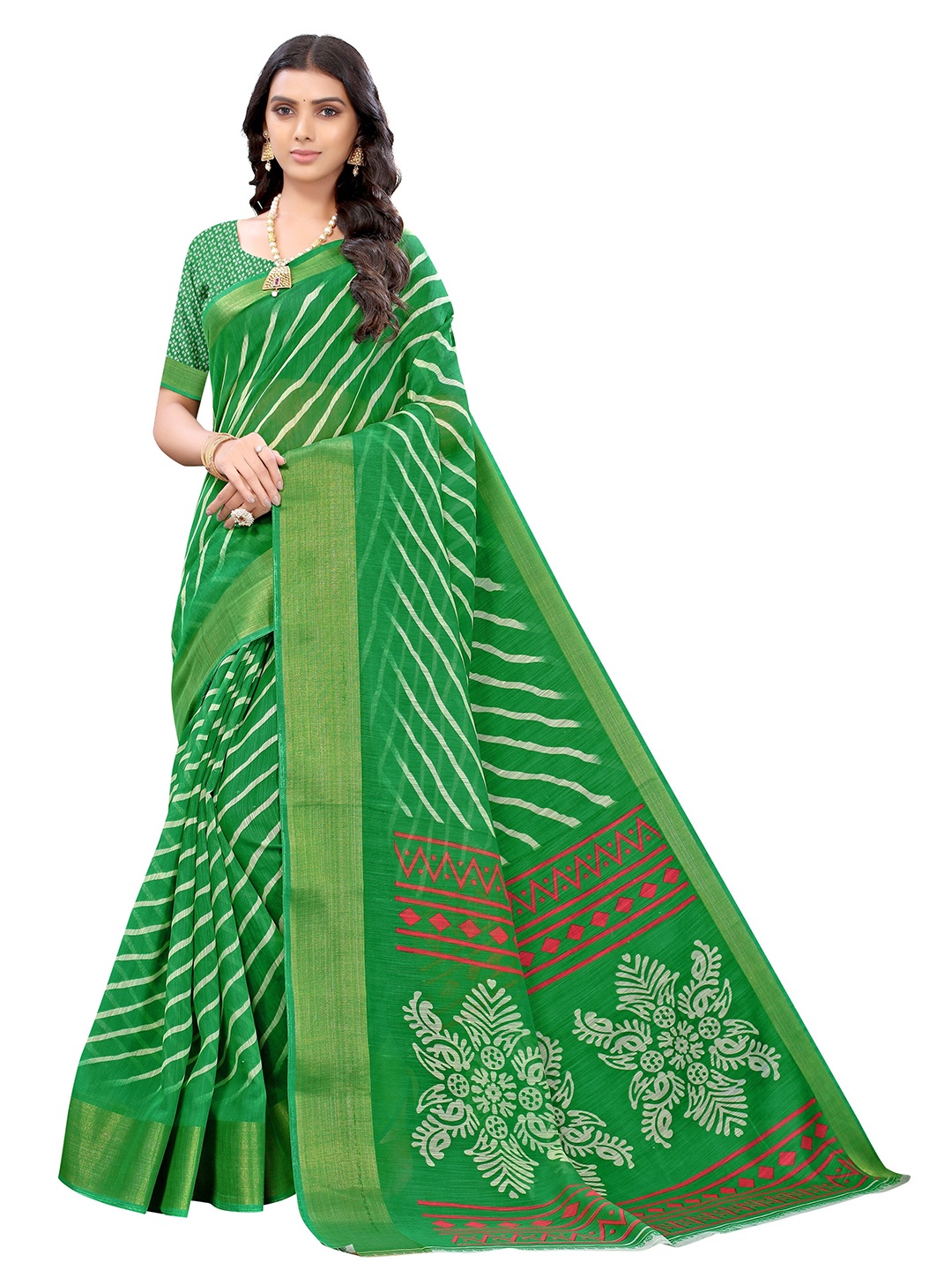 

Nimayaa Green & White Leheriya Printed Saree