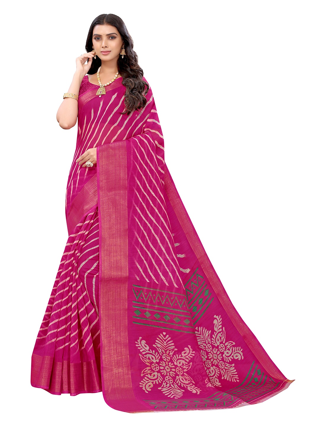 

Nimayaa Pink & Gold-Toned Floral Zari Leheriya Saree