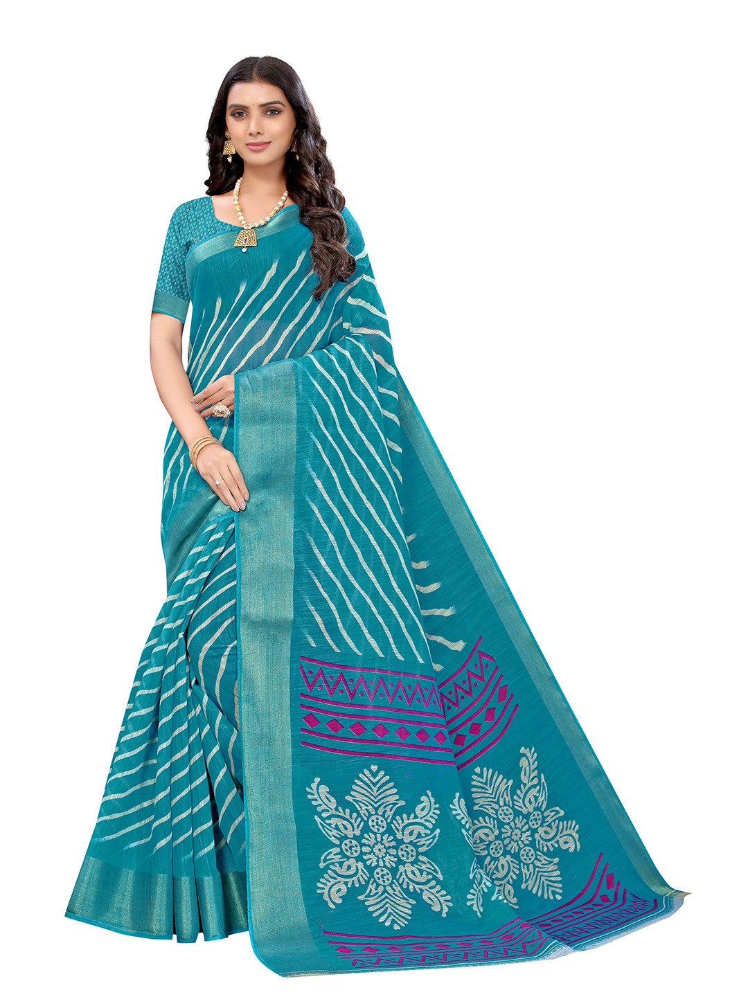 

Nimayaa Blue & White Striped Zari Saree