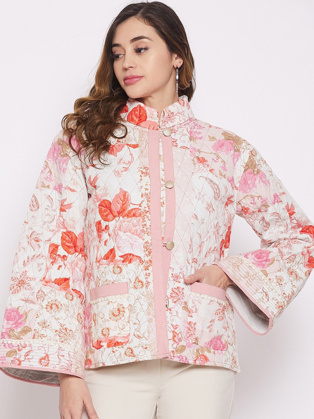 

The Kaftan Company Women White Red Floral Lightweight Tailored Jacket