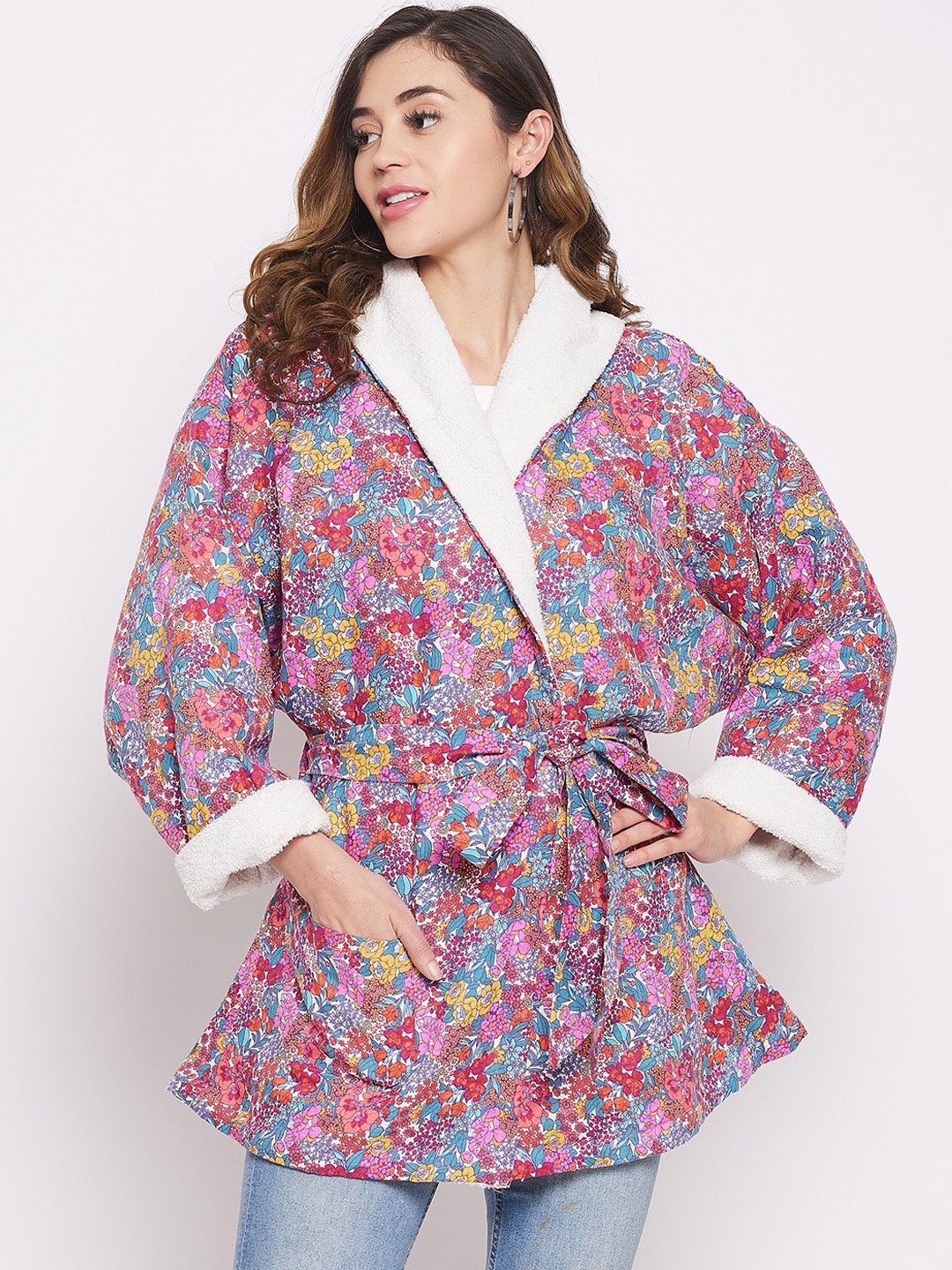 

The Kaftan Company Women Pink Floral Lightweight Longline Tailored Jacket