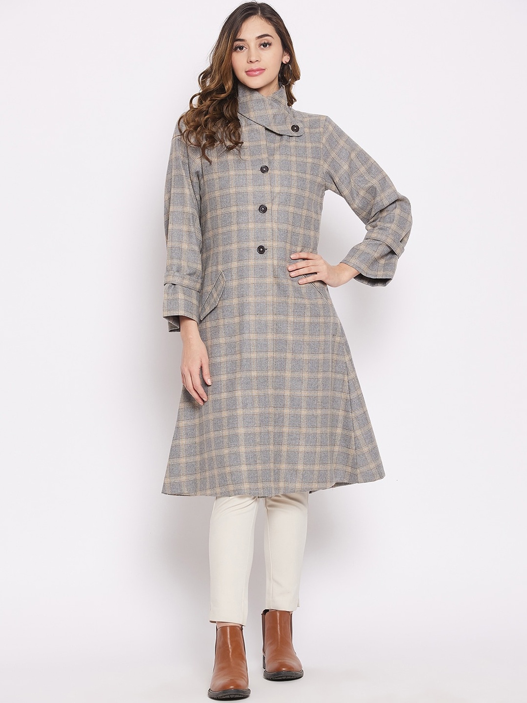 

The Kaftan Company Women Grey Checked Acrylic Lightweight Longline Tailored Jacket