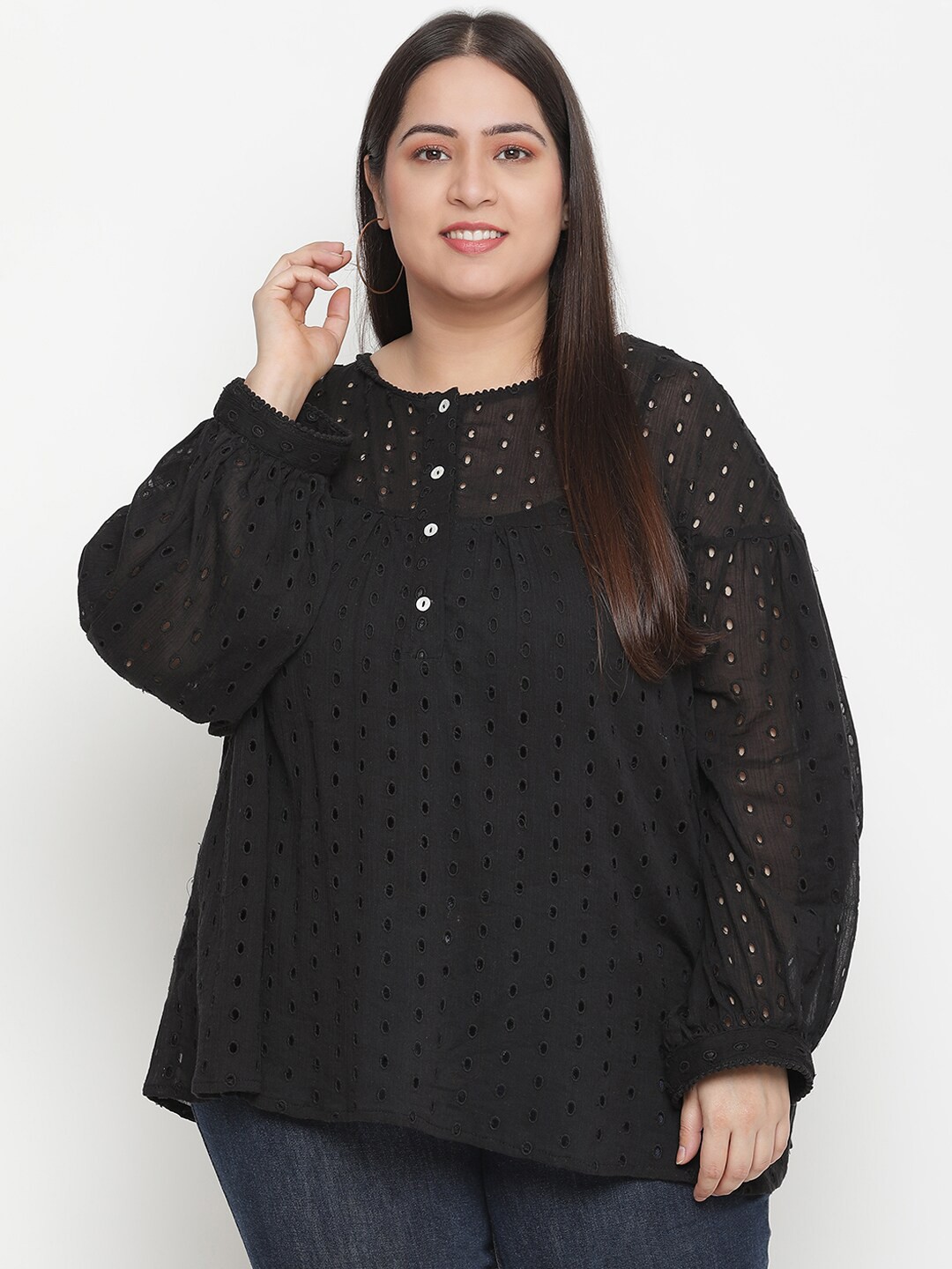

Oxolloxo Plus Size Schiffli Embroidered Pure Cotton Top, Black