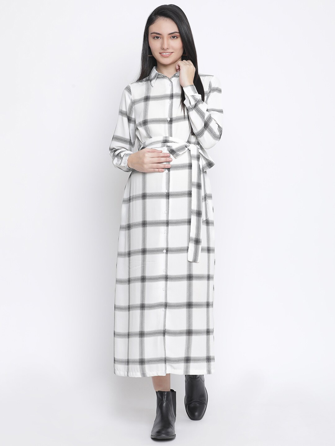 

Oxolloxo Women White & Black Checked Belted Satin Maternity Shirt Maxi Dress