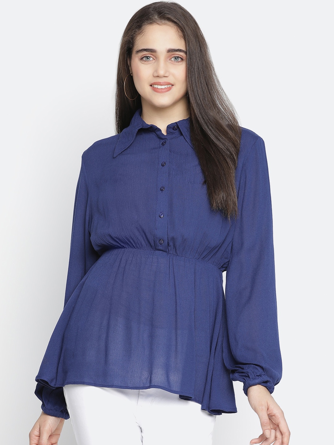 

Oxolloxo Blue Crepe Shirt Style Top