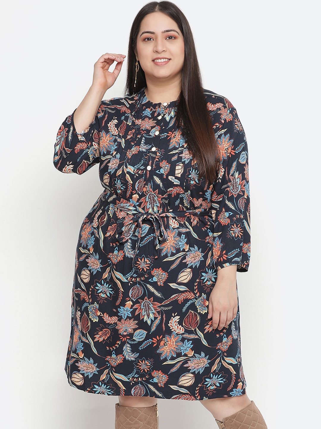 

Oxolloxo Navy Blue Floral Crepe A-Line Dress