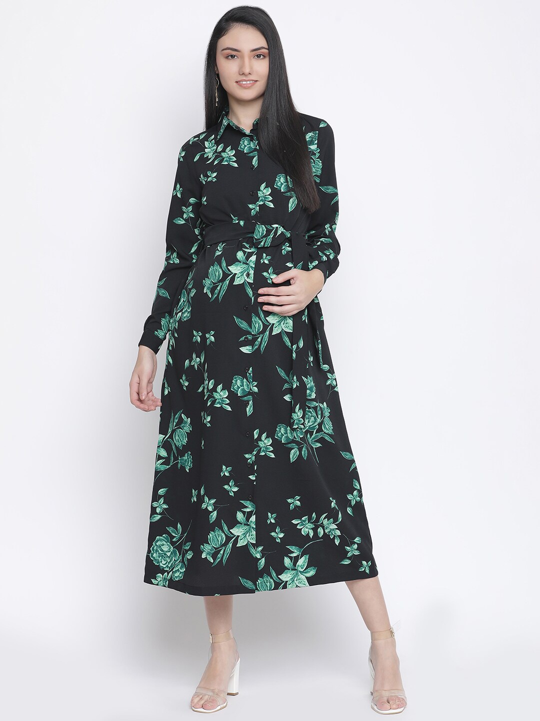 

Oxolloxo Women Black & Green Ethnic Motifs Belted Satin Maternity Shirt Maxi Dress