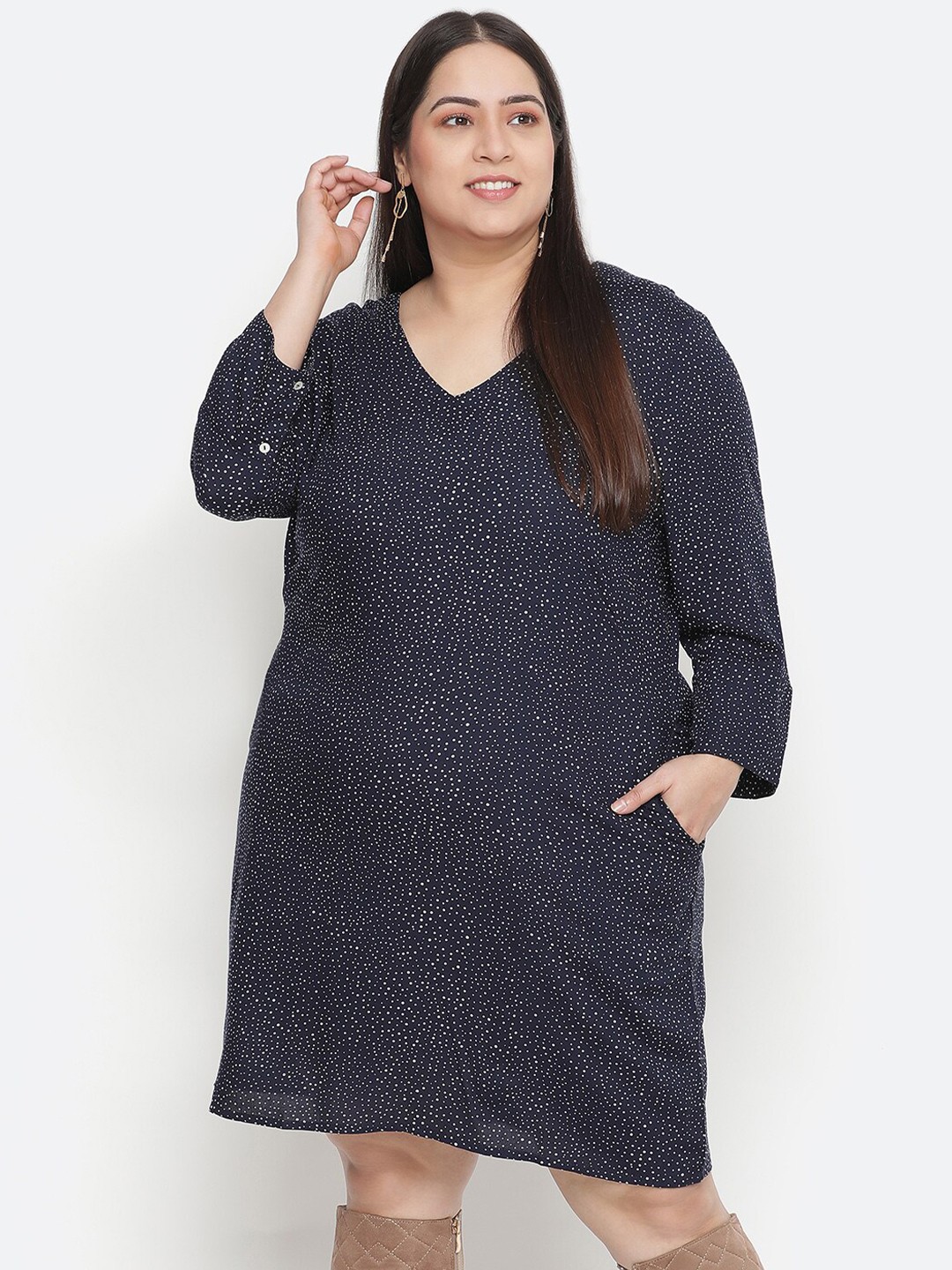 

Oxolloxo Women Plus Size Navy Blue & White Printed Crepe Shirt Dress