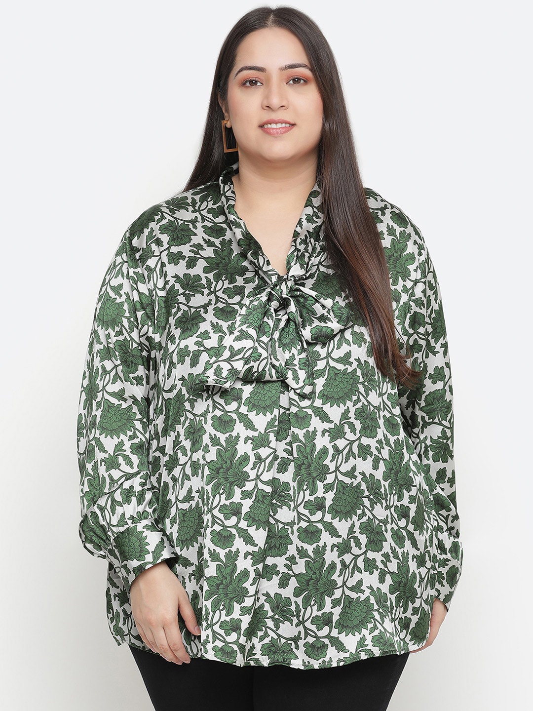 

Oxolloxo Green Floral Print Tie-Up Neck Plus Size Longline Top