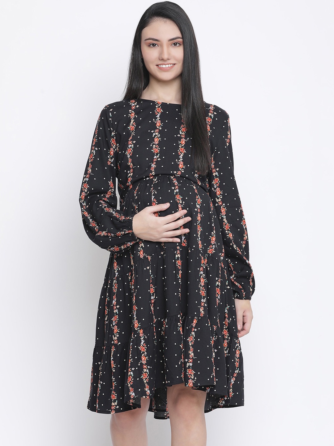 

Oxolloxo Black Floral Crepe Maternity A-Line Dress