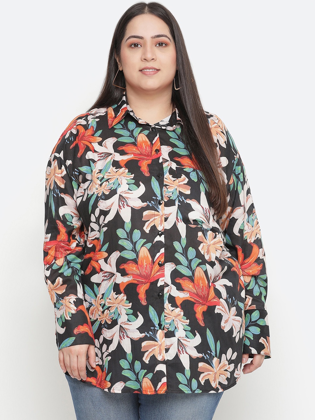 

Oxolloxo Women Black & Orange Comfort Floral Printed Plus Size Shirt