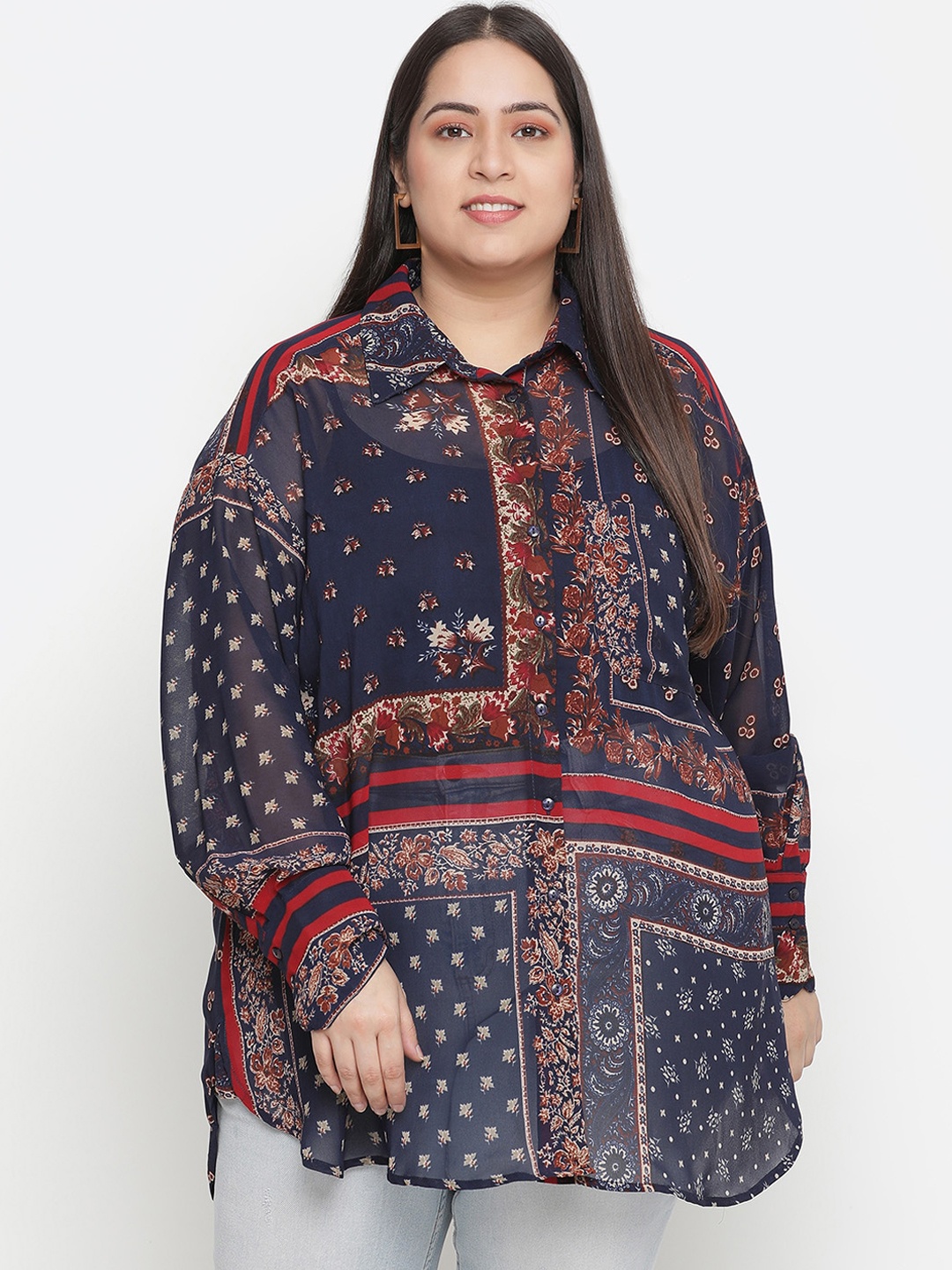 

Oxolloxo Women Plus Size Navy Blue & Red Comfort Printed Casual Shirt