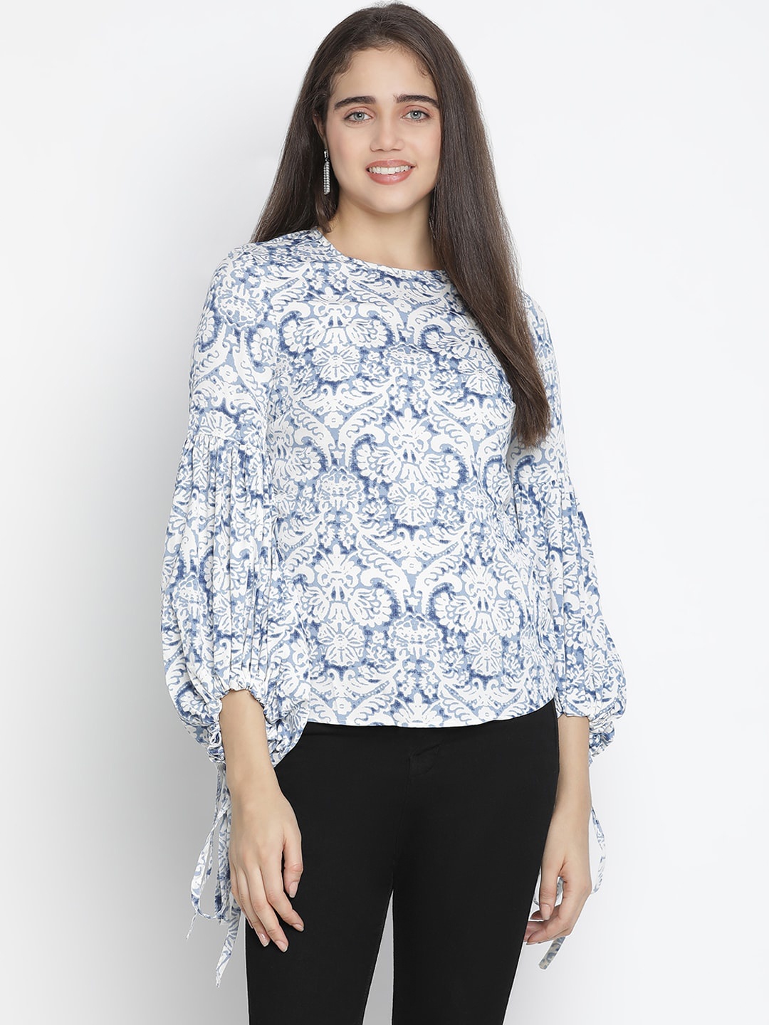 

Oxolloxo Blue & White Print Bishop Sleeves Top