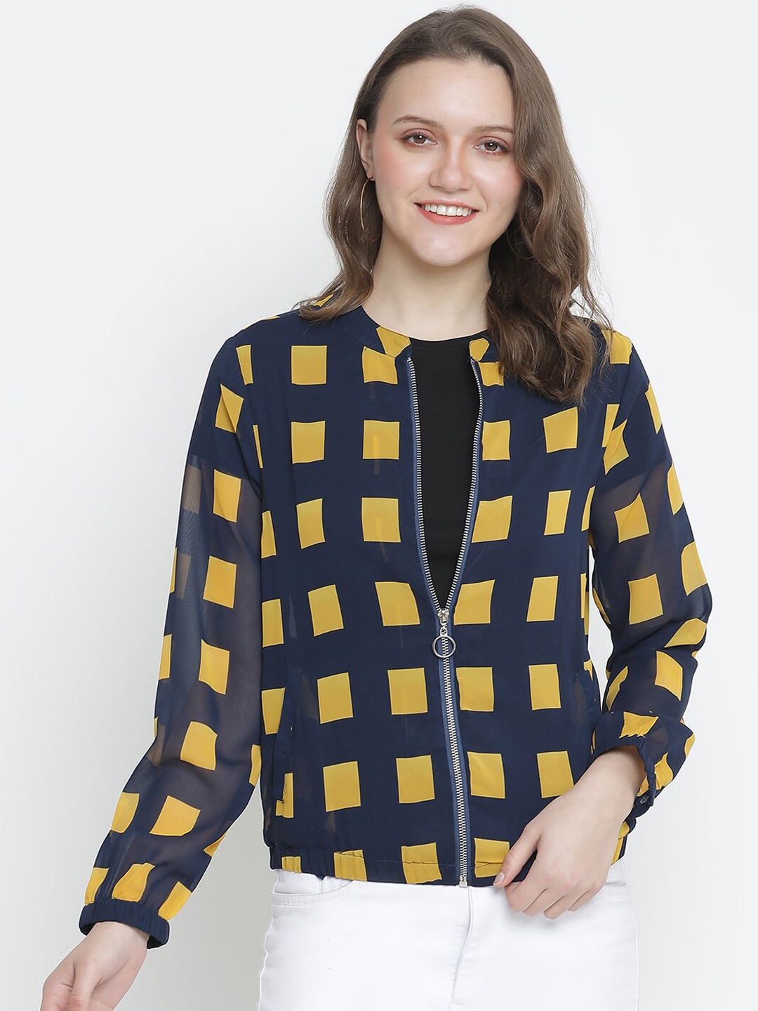 

Oxolloxo Women Navy Blue & Yellow Checked Bomber Jacket
