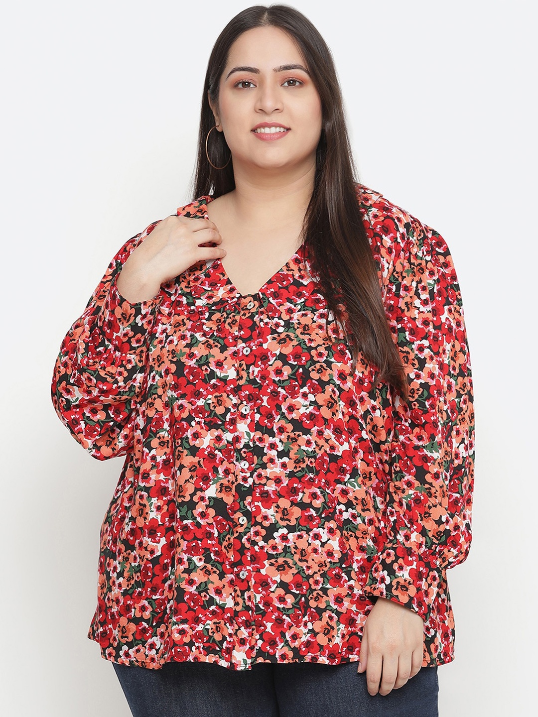 

Oxolloxo Women Red Comfort Floral Printed Plus Size Shirt