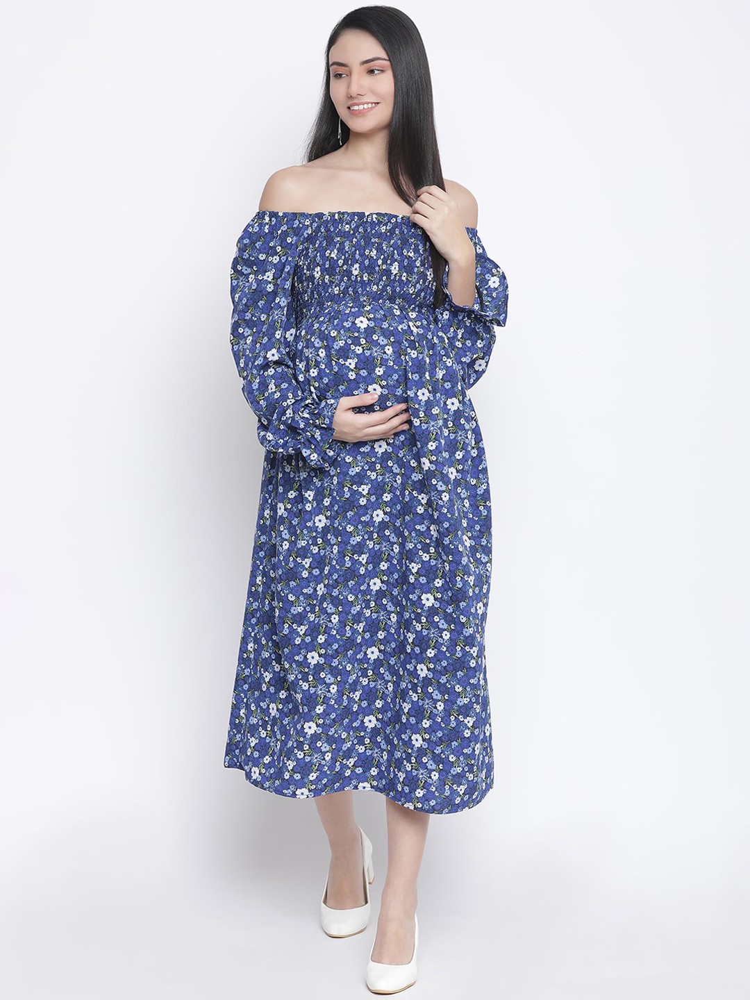 

Oxolloxo Blue & White Floral Off-Shoulder Satin Maternity Midi Dress