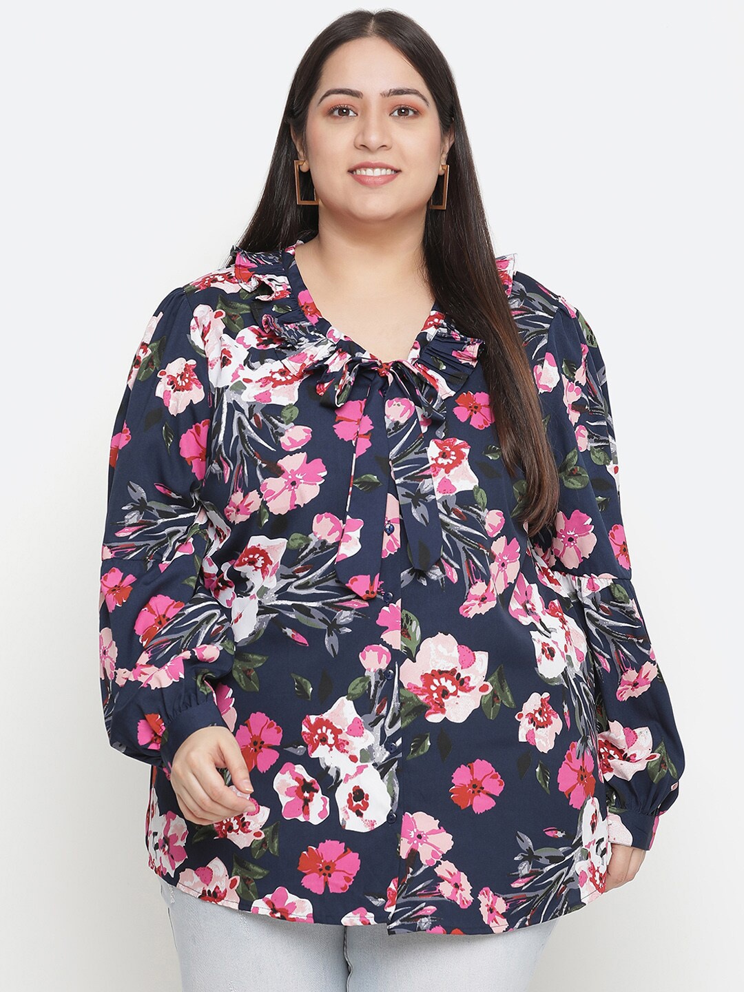 

Oxolloxo Navy Blue Floral Print Tie-Up Neck Plus Size Top