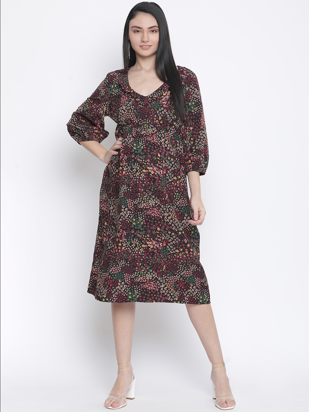 

Oxolloxo Maroon & Beige Floral Satin Maternity Empire Midi Dress