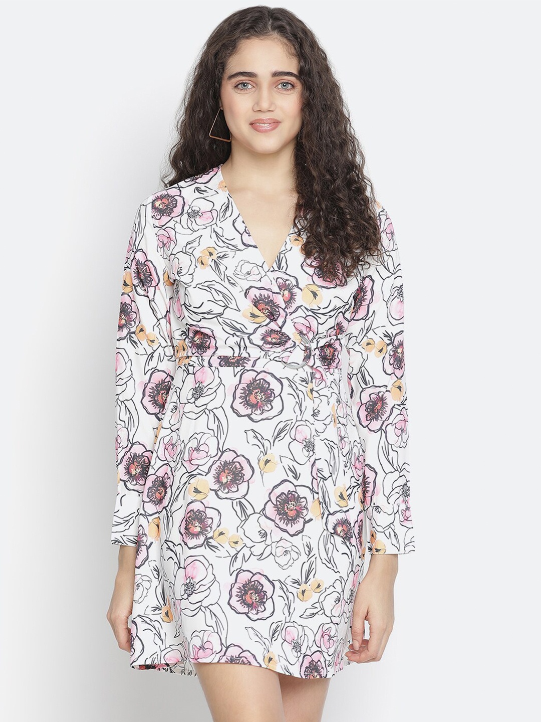 

Oxolloxo Women White & Pink V-neck Floral Satin Warp Mini Dress