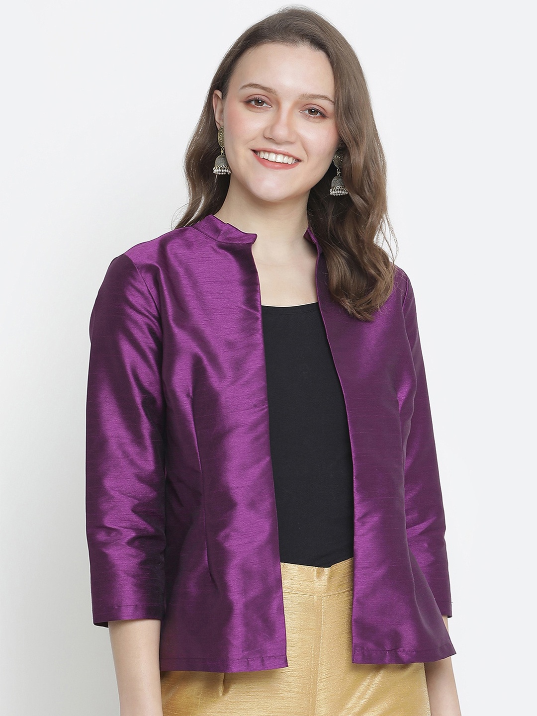 

Oxolloxo Women Solid Polyester Dupion Silk Purple Shrug