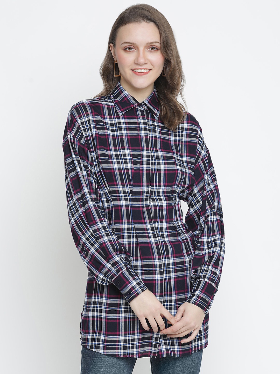 

Oxolloxo Navy Blue & White Shirt Collar Checked Tunic